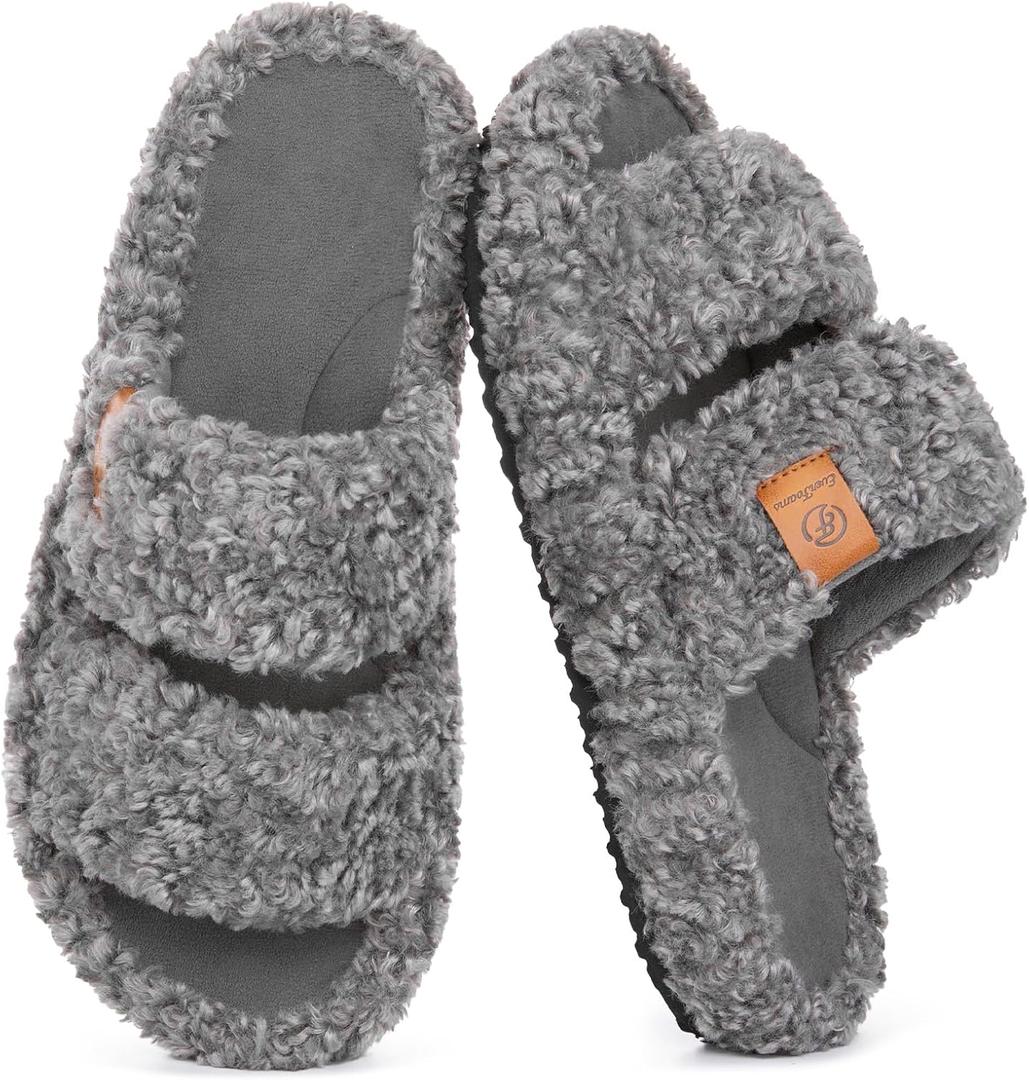 EverFoams Womens Fuzzy Open-toe Slippers Soft Comfy Memory Foam Indoor House Shoes (5-6, Cool Gray)