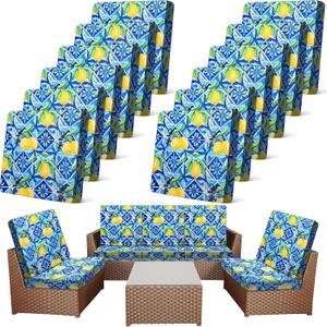 Newwiee 12 Pcs Patio Cushion Covers Outdoor Stretch Sofa Couch Cover Replacement Couch Slipcover Sofa Seat Chair Porch Patio Furniture Protector, Flexibility Washable(Blue Series,Yellow Lemon)