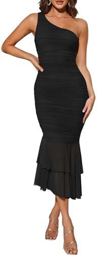 ZESICA Women's Summer Sleeveless Cocktail Party Bodycon Dress 2026 Spring One Shoulder Mesh Ruched Formal Midi Dresses S