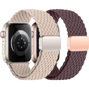 2Pcs Magnetic Braided for Apple Watch Band 41mm 40mm 45mm 44mm Ultra/3/2 49mm 38mm 46mm 42mm Women/Men,Stretchy Elastic Nylon Sport Loop Strap for iWatch Bands series 11 10 9 8 7 6 5 4 3 se 3/2 40 44 (A06-Nude/Cherry)