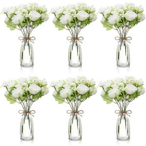 19 Pack Artificial Peony Flowers with Vase Bulk, 12 Bundles Silk Peony Bouquet 6 Plastic Clear Vase with 1 Pcs Rope, Table Centerpiece Arrangement Decoration Wedding Party (White)