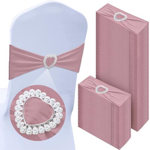 VitalCozy 100 Pcs Spandex Chair Sashes with Heart Shaped Buckle Slider Stretch Chair Cover Band Universal Elastic Ties for Wedding Banquet Event Party Decoration(Dusty Pink)