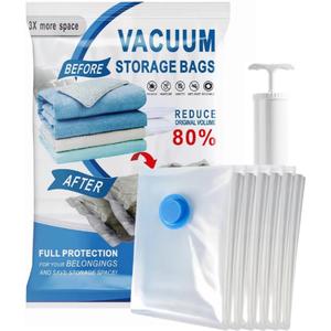 Vacuum Storage Bags, 10 Pack with Electric & Manual Pump, Space Saver Compression Bags for Clothes, Blue and White, Nylon, 4 Medium 4 Large 2 Jumbo, (Hand Pump)
