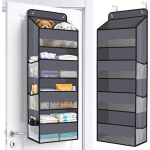 WISELIFE Over The Door Organizer Storage with 4 Large Pockets Door Hanging Organizer with Clear Windows behind The Door Storage for Nursery Bedroom Bathroom Pantry Closet and Baby Essentials Dark Grey