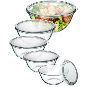 Glass Mixing Bowls with Lids Set of 5(4.78QT,2.2QT,1.7QT,1.1QT,0.85QT),Thick Glass Nesting Bowls for Kitchen Baking,Cooking Prep,Storage,Serving,Large Salad Bowls,Dishwasher Microwave Freezer Safe