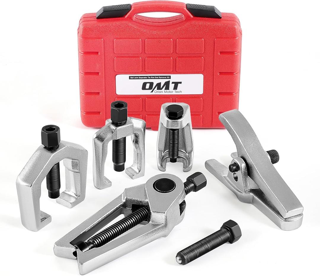 Orion Motor Tech OMT 5-in-1 Ball Joint Separator, Pitman Arm Puller, Tie Rod End Tool Set for Front End Service, Splitter Removal Kit (RD06) (Red Case Silver Puller)