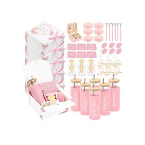 55 Pcs Bridesmaid Proposal Gifts of 6 Sets Maid of Honor Gifts Box Glass Cups Jewelry Box Scrunchies Hair Clips Pen and Invited Cards for Bachelorette Bridal Shower Wedding Party (Pink, 6 Set)