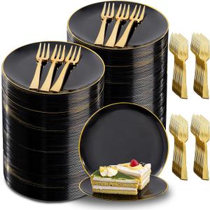 Festiva 400Pcs Black Gold Dessert Plates 6.3" with Forks 5"- 200PCS Small Disposable Dessert/Cake/Appetizer Plates and 200PCS Forks - Serve 200 Guests for Halloween Party&New Year