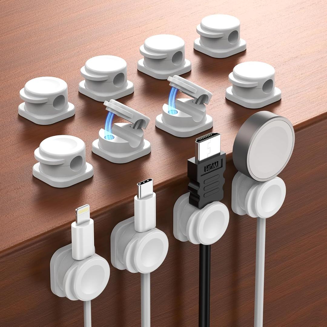 Magnetic Cable Clips 16 Pack  Cord Organizer with 18 Adhesive Pads, No-Residue Wire Organizer, Under Desk Cable Management, Cord Holder for Charging Cords, PC Accessories & Home Office  White (Small)