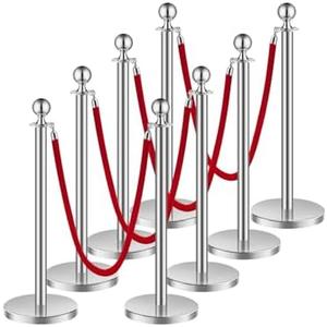VEVOR Stanchions and Velvet Ropes 8Pcs, Hollow Base with Stainless Steel Post, 4 Red Velvet Ropes and Posts, Crowd Control Barriers Silver Stanchions, Red Carpet Runner Poles for Party Supplies