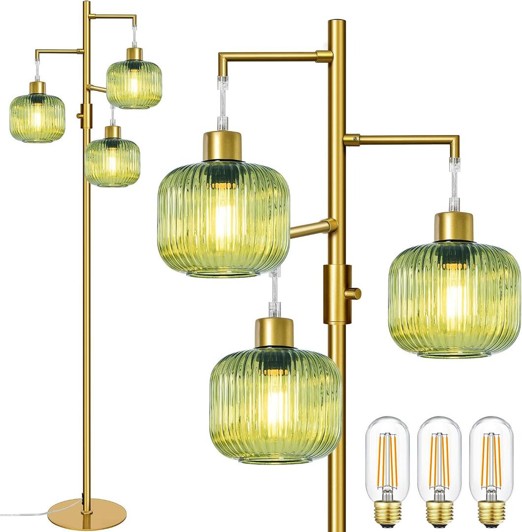 Floor Lamp for Living Room, Dimmable Standing Lamp with Green Glass Shade, Modern Gold Tall Lamps for Bedroom, 3600LM LED Bulbs Included