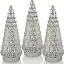 Silver Tabletop Christmas Tree 3pcs, Small Mercury Glass Christmas Trees with Light, Battery Operated Mini Xmas Tree for Fireplace Bathroom Decor 10"