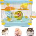 Hamiledyi Portable Hamster Cage 2 Layers Dwarf Hamster Habitat Small Animal Travel Cage with Exercise Wheel Hamster Enclosure Mouse Cage for Hamsters Mice Gerbils or Other Tiny Pets (Blue)