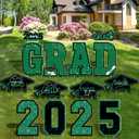 14 PCS Graduation Outdoor Decor, Green Glitter Congratulations Graduation Yard Signs with Stakes, Plastic Congrats Grad Yard Stakes, Large Grad Cap College High School Outdoor Lawn Decorations