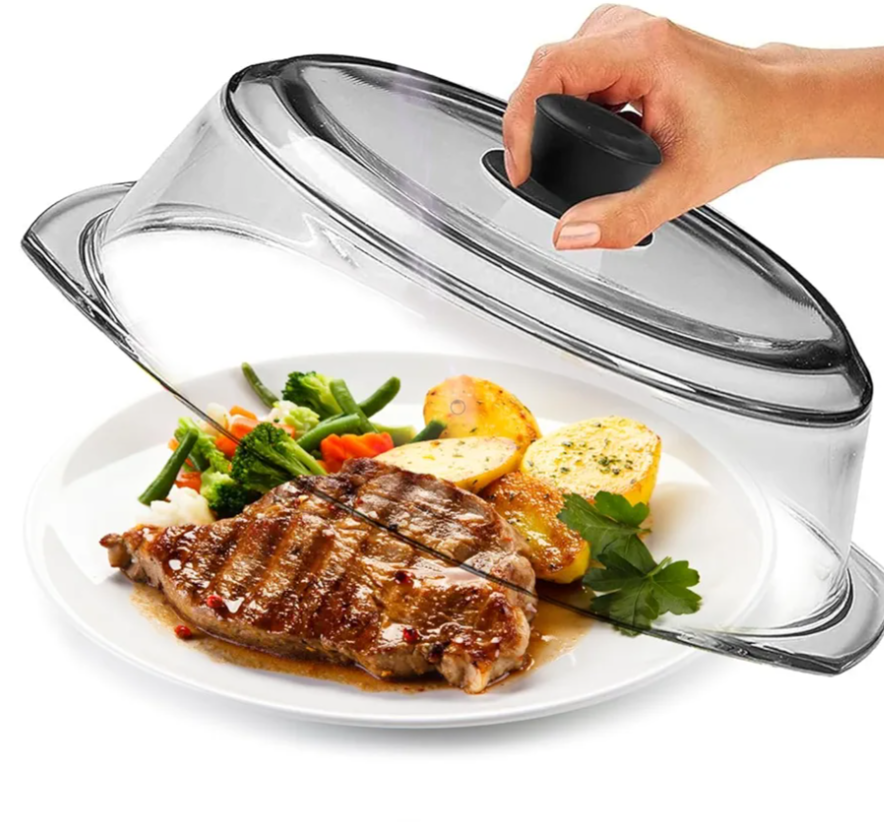 Tall Glass Microwave Splatter Cover for Food - Cookware & Bakeware Serving Dish Cover, Plate Splatter Guard Lid with Easy Grip Silicone Handle Knob - 100% Food Grade BPA Free & Dishwasher Safe - 10in