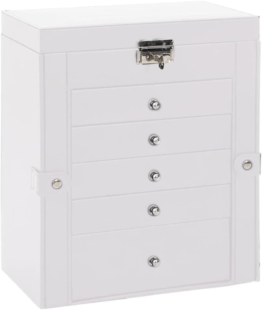 Jewelry Organizer - 6-Layer Lockable Jewelry Box with Mirror, White, Compact Dimensions for Dresser or Vanity use, PU Leather with Velvet Interior -