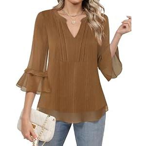 Furnex Trendy Tops for Women 2025: Dressy Casual - 3/ 4 Length Sleeve Blouses - Plus Size Peasant Tops Loose Fits V Neck Shirts Flowy Floral Print Office Business Work Fashion Tunic Dark Coffee L