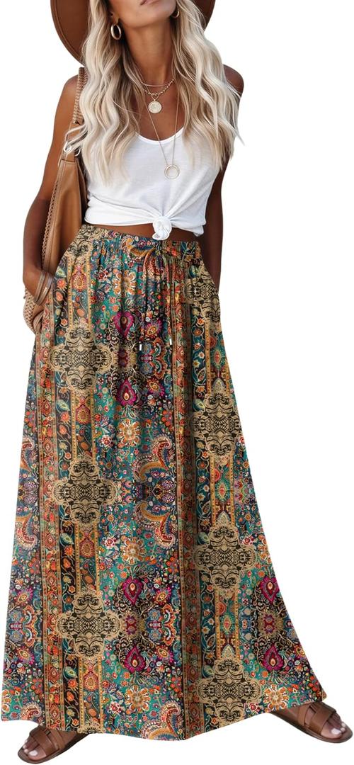 Zeagoo Women's 2026 Boho Floral Skirt Casual Elastic High Waist Maxi Skirts Flowy A Line Beach Long Skirt with Side Pockets