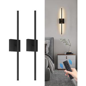 Battery Operated Wall Sconces Set of 2, Dimmable Battery Wall Sconce with Remote Control,3000K-6500K LED Wireless Wall Light for Bedroom,Living Room, 26.6 Inch, Black(2 Pack)