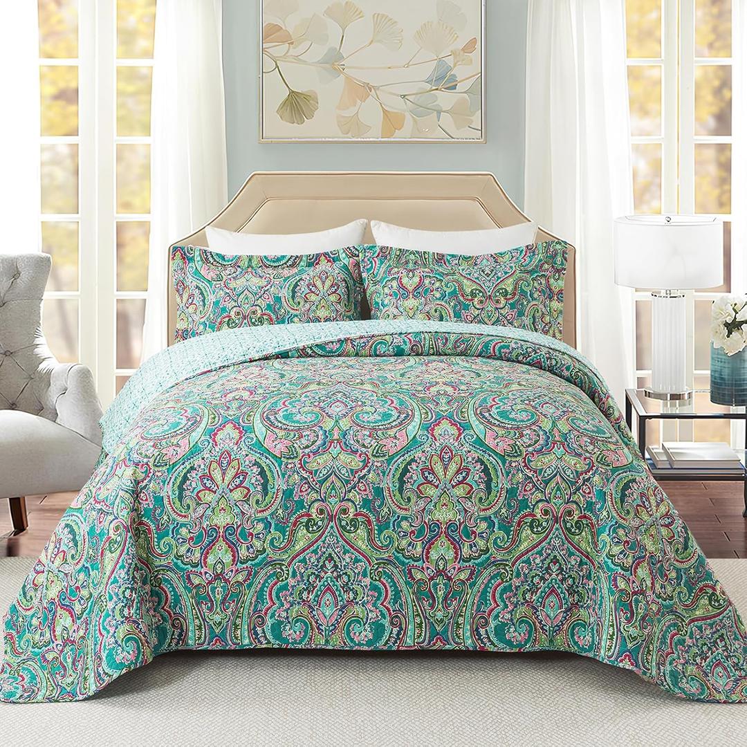 Travan 3-Piece Bedspread Quilt Set Oversized Reversible Quilted Bedding Cotton Coverlet Set with Shams, Gorgeous Green-Pink Floral Pattern, Queen Size