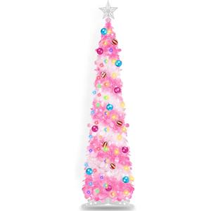 5FT Pop Up Christmas Tree with Timer 60 Warm White & Multi Color Fairy Light 3D Star 15 Ball Ornament, Pink White Tinsel Christmas Tree Slim Pencil Xmas Tree Home Office Holiday Decor Indoor Outdoor