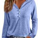 LilyCoco Womens Raglan Long Sleeve T Shirt Casual Button V Neck Shirts Blue, Small