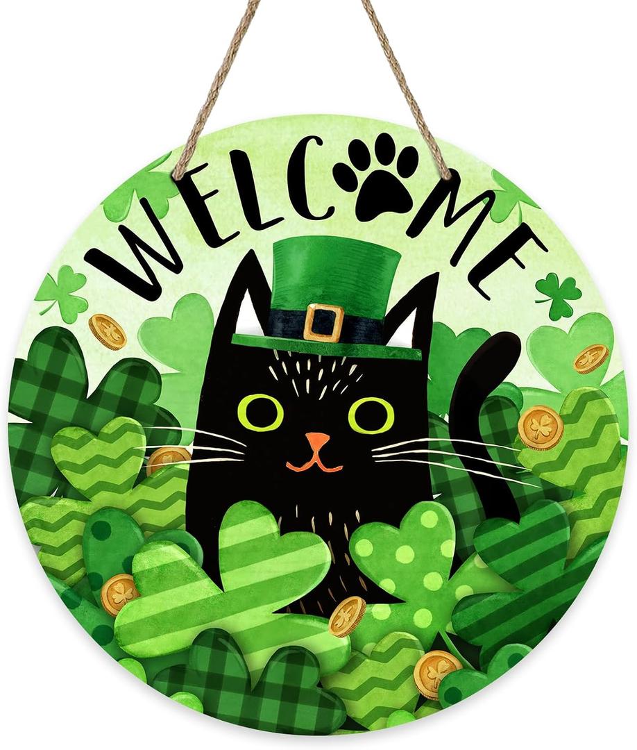 Welcome St. Patrick's Day Black Cat Front Door Sign, Shamrock Clover Top Hat Wood Door Hanger Outdoor Outside Porch Decor, Spring Gold Coins Irish Wooden Wreath Indoor Wall Hanging Decoration