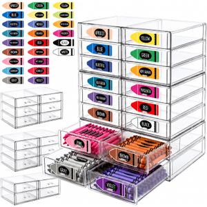 18 Pack Crayon Organizer for Classroom Stackable Crayon Storage Drawers with 24 Stickers Plastic Desktop Pen Art Craft Organization and Makeup Organizer for Classroom Stationery Office