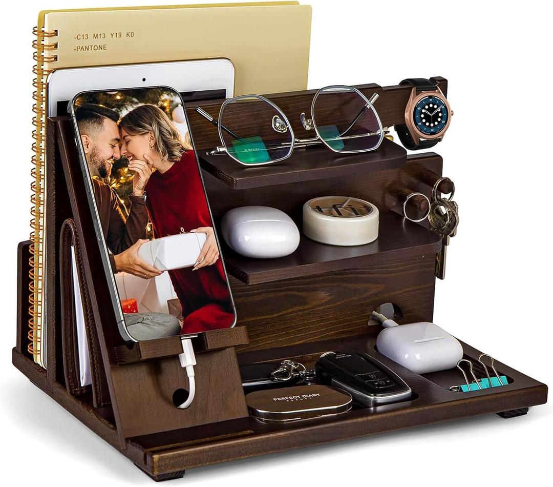 KOCWELL Wood Phone Docking Station, Gifts for Men, Nightstand Organizer Wood for Phone Tablet Earphones Watch Wallet Rings Pens Keys Notebook etc, Birthday Gifts for Men Husband Dad Boyfriend (Dark Brown)