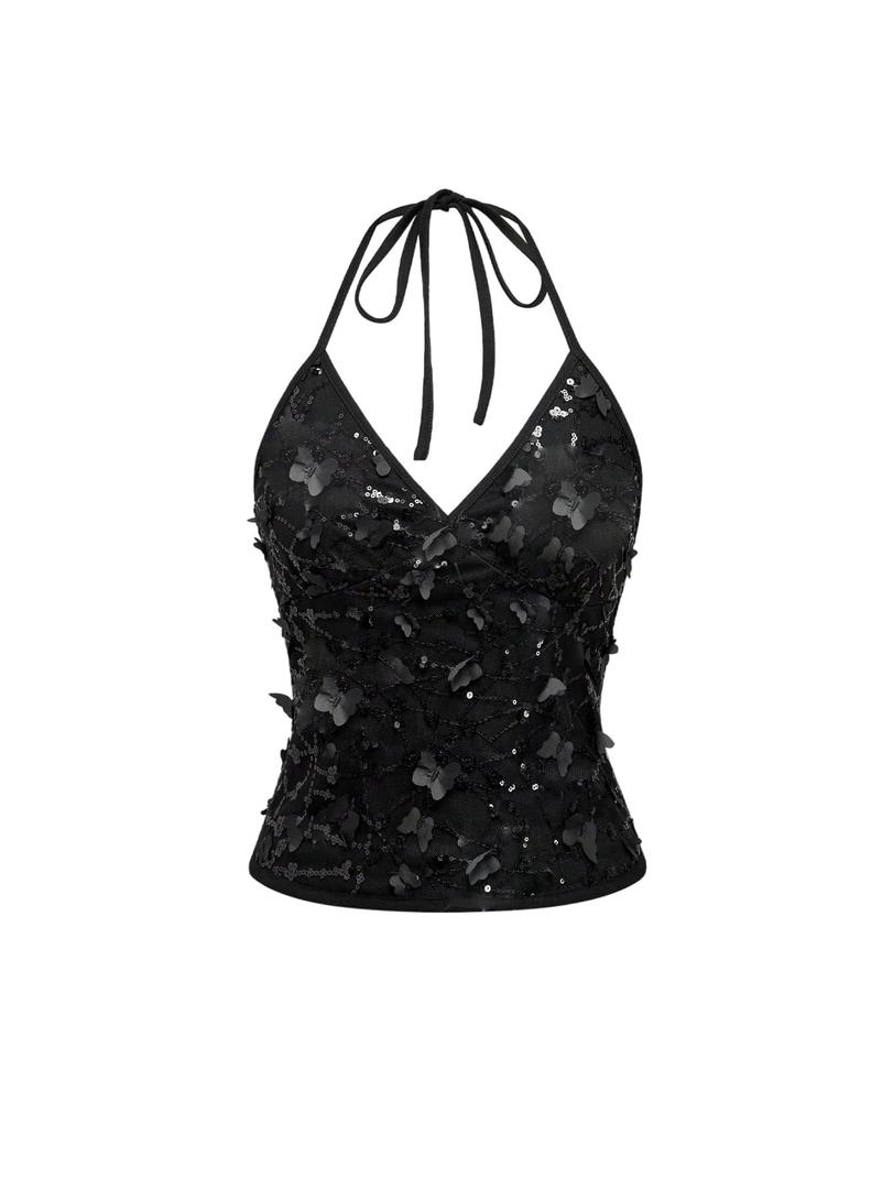 SOLY HUX Women's Y2k Sequin Halter Crop Top Cute 3D Butterfly Glitter Coquette Party Club Tops Pure Black Medium
