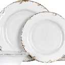 Vintage Melamine Dinnerware Sets, 18 Piece Lightweight and Unbreakable Outdoor Plates and Bowls Set, RV Dishes Set of 6, Chip Resistant Kitchen Plate Set for Indoor and Outdoor Use, White