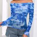 ZAFUL Women's Sexy Off The Shoulder Mesh Tops Sheer Stretchy Shirts Party Going Out Blouse (Blue, S)