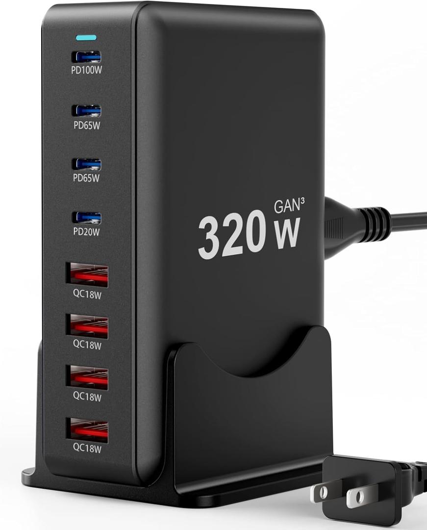 320W Fast Charging 8 Port USB C Charger Block, Multi-Device USB Charging Station Wall Desktop Charger with GaN  Technology, USB-C Charger Adapter for MacBook/iPad/iPhone 16/Samsung Galaxy/DELL/HP