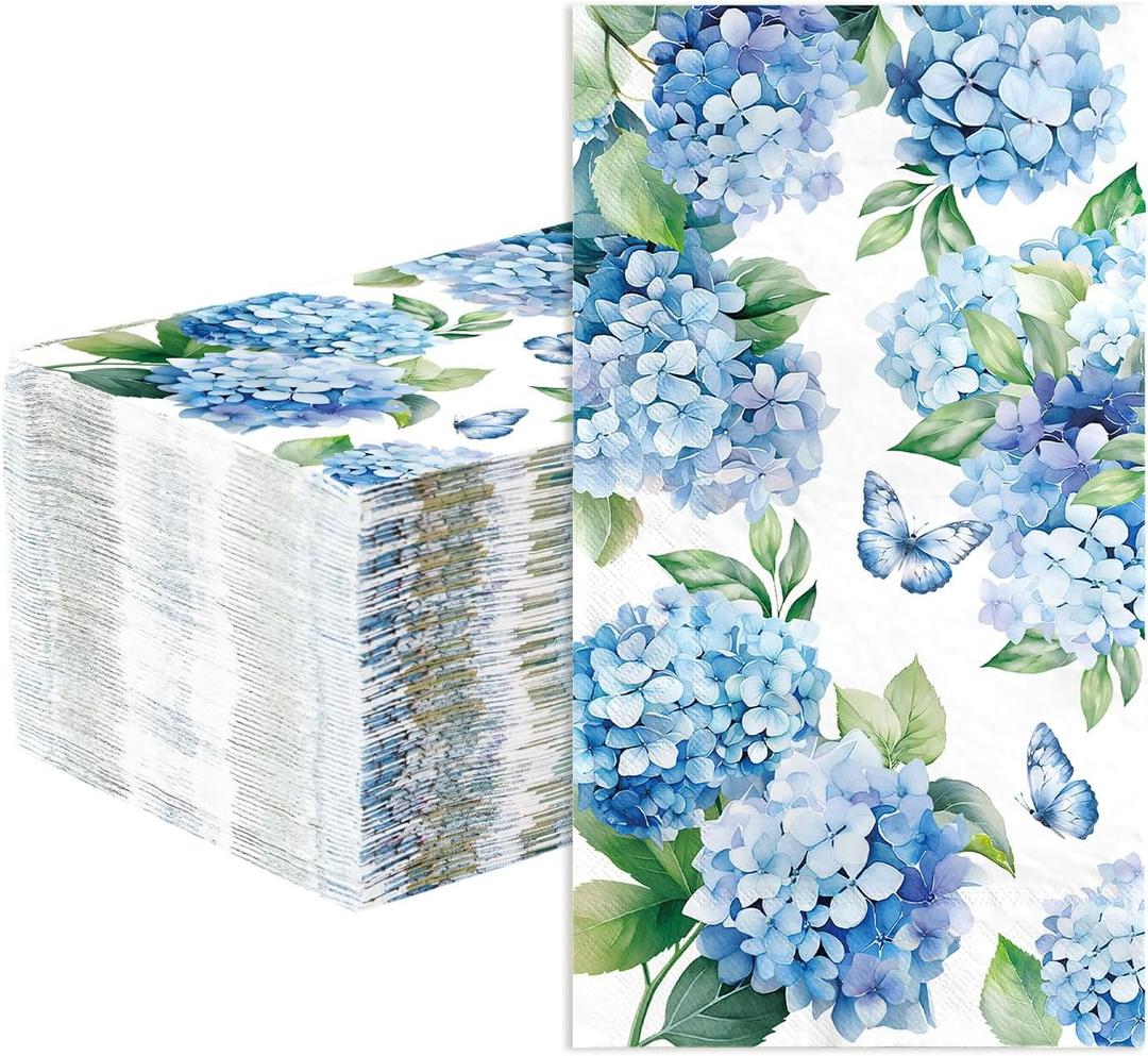 100 Pcs Hydrangea Paper Napkins 3 Ply Watercolor Blue Floral Butterfly Disposable Absorbent Hand Towels Spring Guest Napkins for Seasonal Wedding Lunch Dinner Bathroom Kitchen Supplies Decorations
