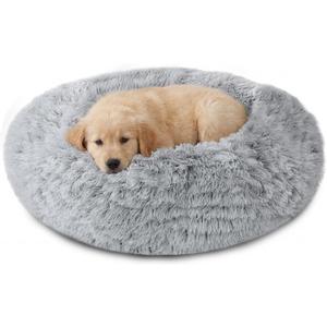 JOLLYVOGUE Calming Dog Bed Medium Size Dog, Anti-Anxiety Donut Medium Pet Bed, 27 inches Fluffy Faux Fur Round Cat Bed (Smoke Grey)