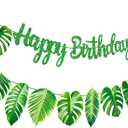 Tropical Green Palm Leaf Happy Birthday Banners Hawaiian Luau Decorations for Summer Theme Jungle Baby Shower Supplies