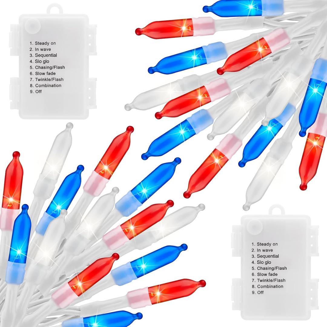 Brightown Red White Blue Battery Operated Mini String Lights with 8 Modes- 2 Pack 18 Feet 50 LED Independence Day Decoration Waterproof, Timer for Patriotic Xmas Holiday Party Outdoor Indoor