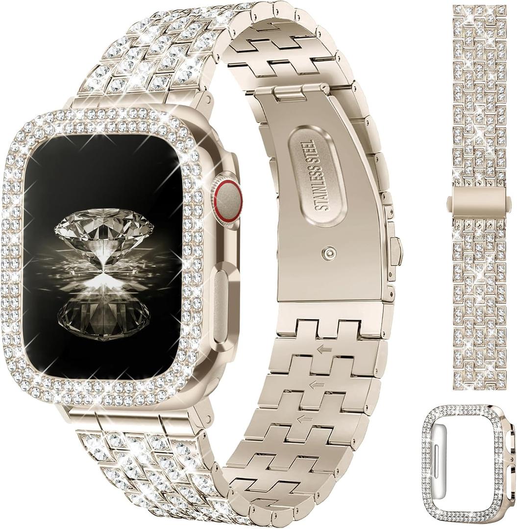 JR.DM Diamond Bands with Bling Case Women Compatible with Apple Watch 40mm 38mm 41mm 44mm 45mm 42mm 46mm 49mm Luxury Metal Bracelet Replacement Strap for iWatch Series 11/10/9/8/7/6/5/4 SE/Ultra 3/2/1