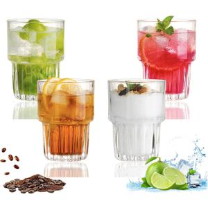 11oz Drinking Glasses Set of 4, Juice Glasses Stackable Tall Glass Mugs for Tea Iced latte Coffee Glass, Beer Glasses, Cocktail Glasses,Water glasses for bar, restaurant