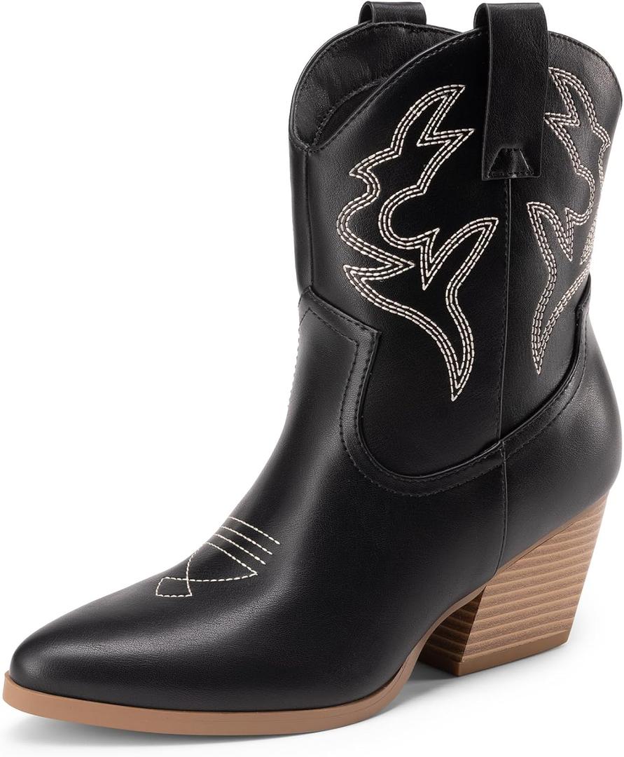 DREAM PAIRS Women's Cowboy Cowgirl Boots Embroidered Stitched Short Western Boots Low Chunky Heel Pointed Toe Ankle Booties (6, Black)