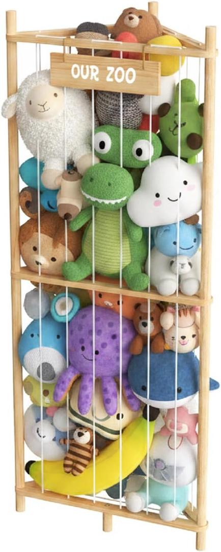 Triangle Stuffed Animal Storage, Wood Corner Toy Organizer Kids Room | Solid pine frame with breathable net, anti-tip base, DIY paint-ready top. Corner floor unit for bedroom, playroom, nursery