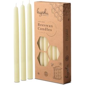 Hyoola 10" Beeswax Taper Candles 12 Pack - Handmade, All Natural, 100% Pure Unscented Bee Wax Candle - Tall, Decorative, White - 10 Hour Burn Time