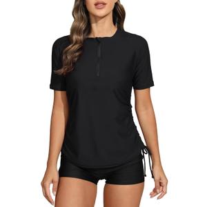 Halcurt Women's Half Zip Short Sleeve Rash Guard Swimsuit Top Ruched Swim Shirt UPF50+ Quick Dry Bathing Suit (XX-Large, Black) Halcurt Women's Half Zip Short Sleeve Rash Guard Swimsuit Top Ruched Swim Shirt UPF50+ Quick Dry Bathing Suit (XX-Large, Black)