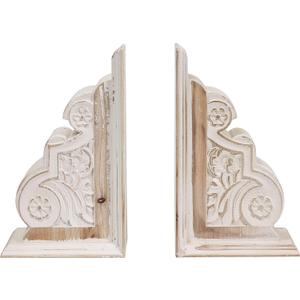 1 Pair Rustic Distressed Finish Wood Bookends, White Bookends Decorative Unique, Carved Pattern Farmhouse Book Ends for Shelves, Bookend for Heavy Books, Wooden Corbels for Home Room Decor