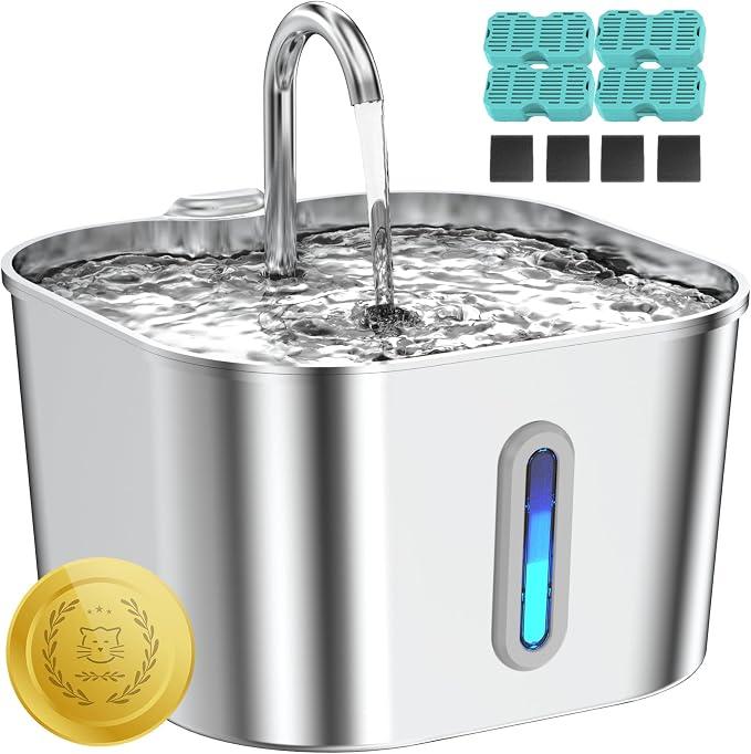 Cat Water Fountain Stainless Steel, 74oz/2.2L Pet Fountain | 4 Filters & 4 Sponges, Quiet Pump, Cat Drinking Fountain for Indoor Cats and Small Dogs