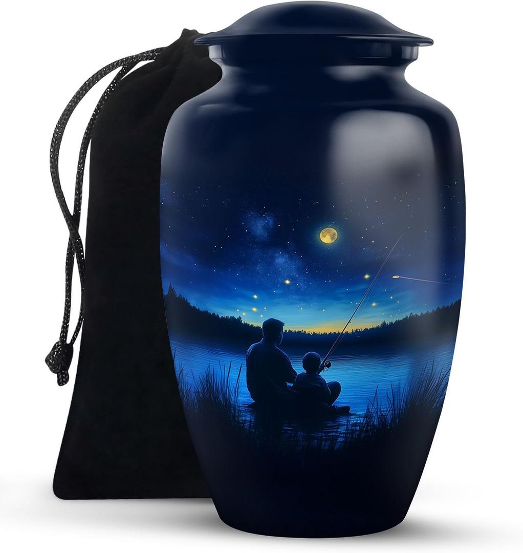Fisherman Large Outdoor Urns for Ashes Adults Males - Fishing Funeral Urn for Human Ashes Adult - Ash Container for Women - Cremation Urns for Men - Dad Blue Urn for Burial in Ground 10 Inch
