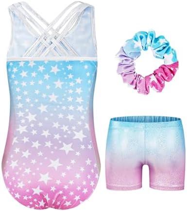 JiAmy Gymnastics Leotards for Girls with Cross Back Sparkly Dance Unitards with Shorts Biketards Outfit for 140