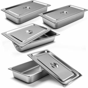 4 Pack Stainless Steel Hotel Pan 1/1 Full Size x 4" Deep Steam Table PAN 0.8 mm Thick with Lid Anti Jam PAN Stainless Steel Steamer 20.8 x 12.8 x 4 inch for Hotel Restaurant Buffet