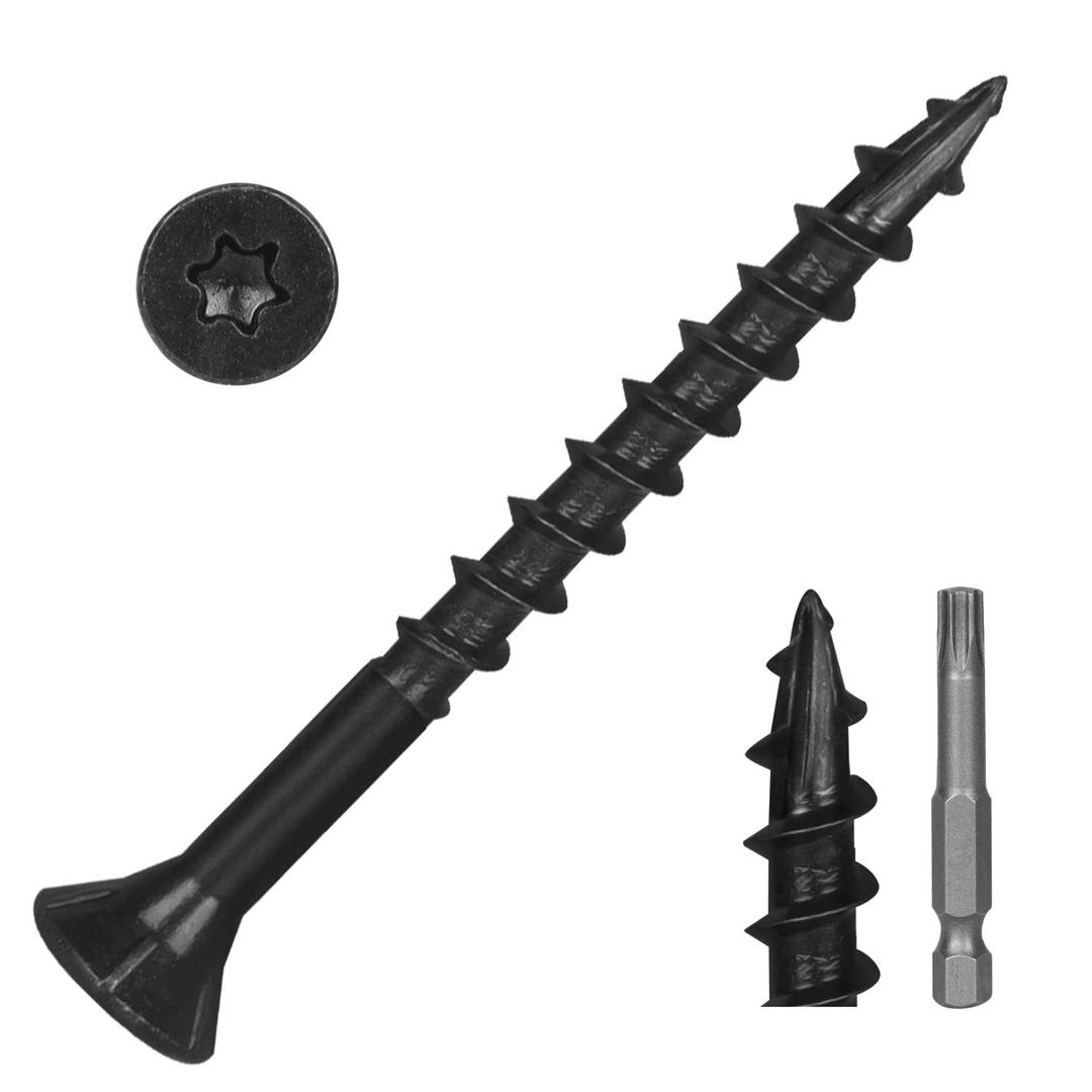 200 PCS #8 x 1-1/2" Black Exterior Wood Screws, T25 Star Torx Drive Deck Screws, Rust Resistant Epoxy Coated, Flat Head Self Tapping Outdoor Timber Screws, Star Drive Bit Included