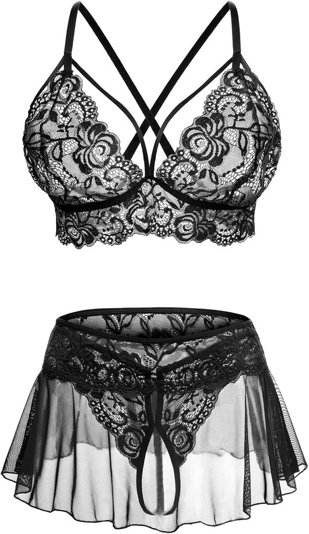 Sexy Lingerie for Women Naughty 3 Piece Lace Bralette, Mini Skirt with G-String Crotchless Lingerie Outfits (Medium, Black)
